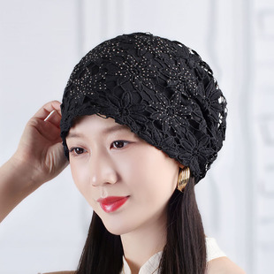 春帽子夏士镂空时尚薄透气包头鸭舌帽白发蕾丝头巾花0201k