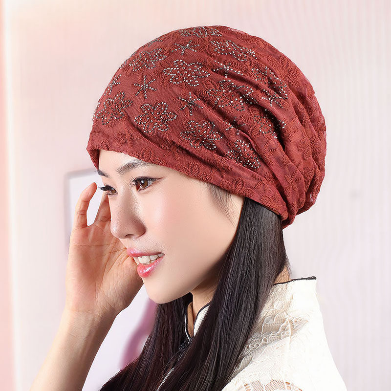 2022年帽子女帽蕾丝绣花薄款堆堆帽遮白发帽子月子帽套头帽透气帽