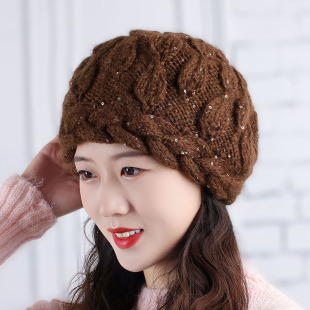 24年新款秋冬帽子女帽手工亮片针织帽毛线帽羊毛混纺包头护耳保暖