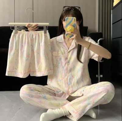 {1图片款}云朵棉女睡衣短袖长裤+短裤三件套家居服