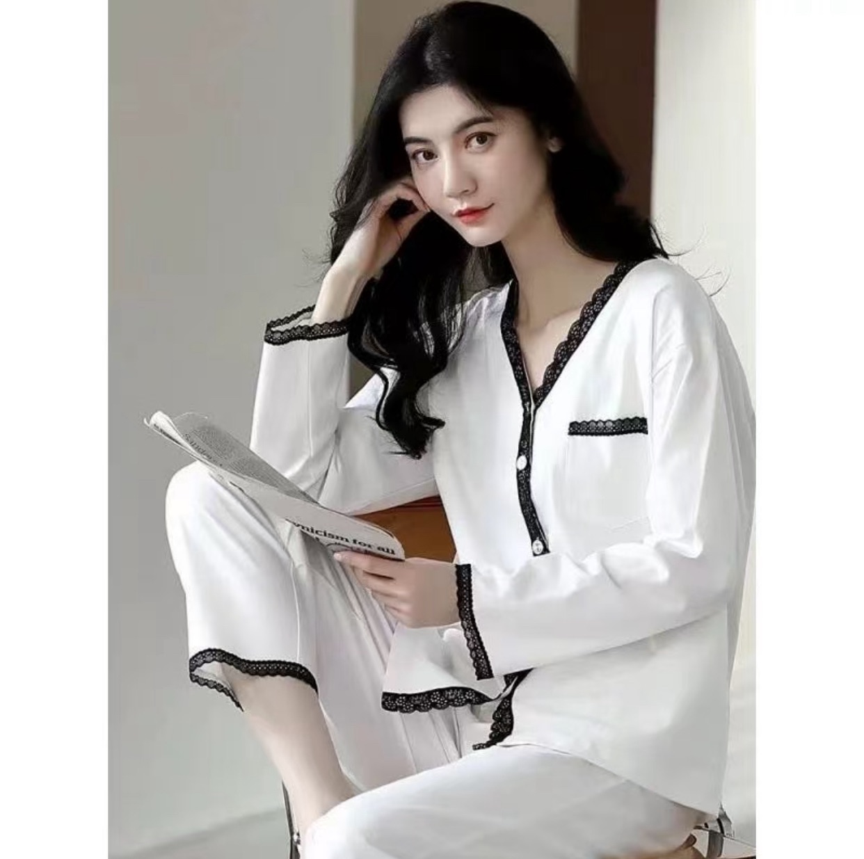 {95号}{衣服染到黑色}海岛绒绒开扣睡衣女长袖长裤家居服