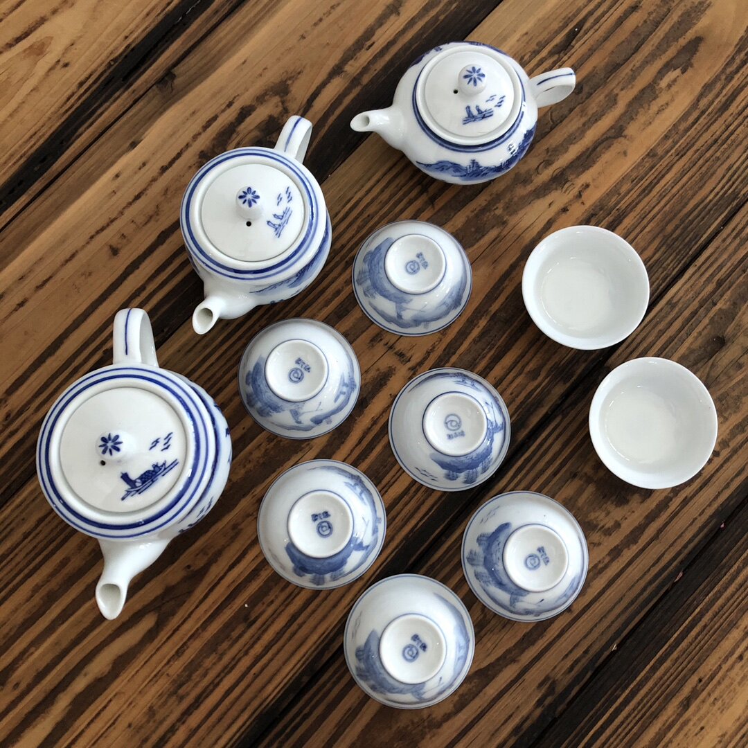 手绘青花人物茶壶杯子茶具釉下彩80年代原国营厂出口库存龙窑瓷器