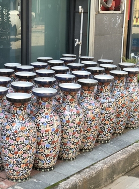 A釉下彩手绘青花五彩花瓶将军罐80年代龙窑柴烧出口库存老瓷器件