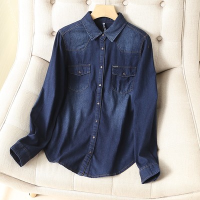 淘季显瘦港风按扣长牛仔棉衬衫女