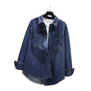欧美风牛仔衬衫女加绒春秋季宽松设计感水洗棉柔软长袖打底衫衬衣