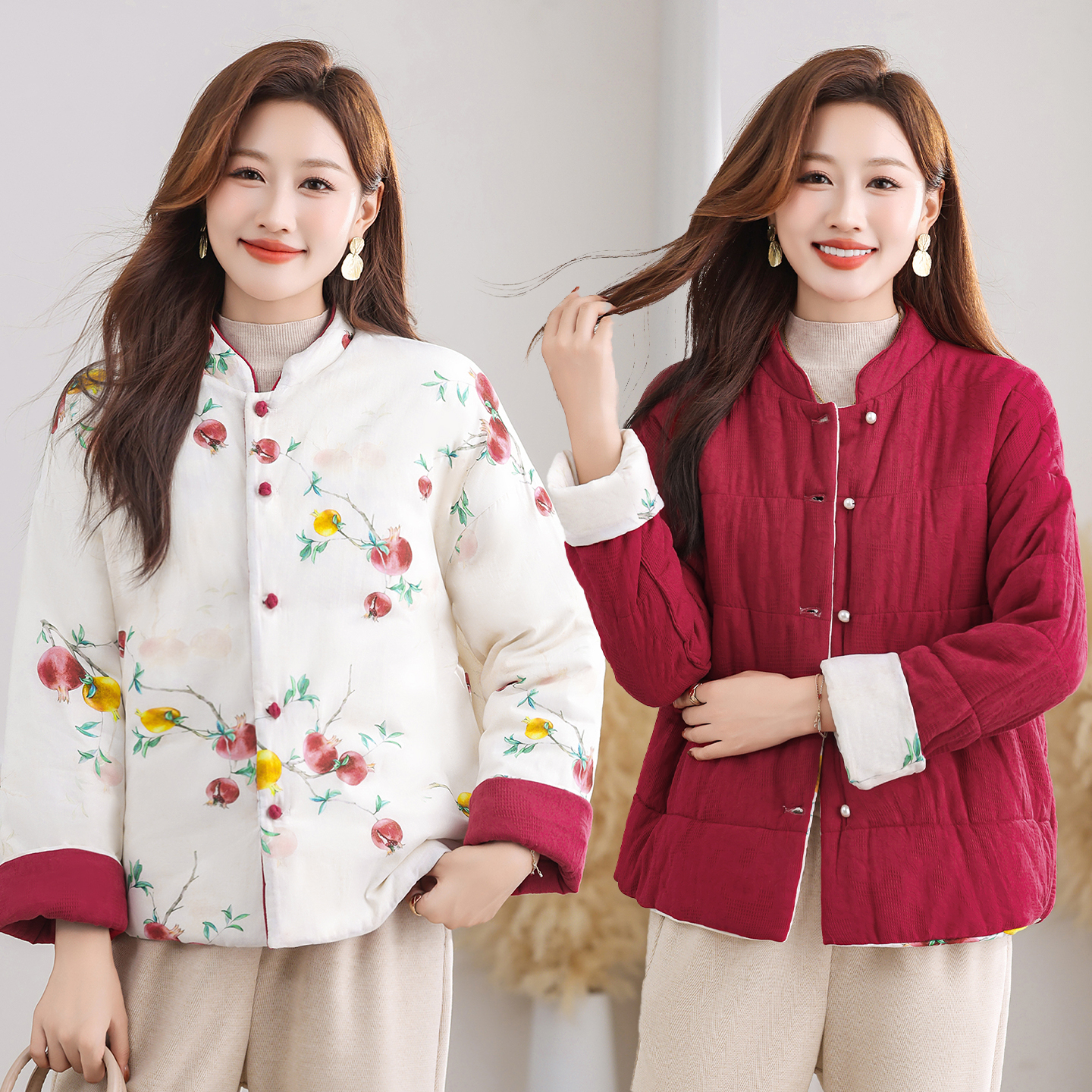 新款长绒棉碎花棉衣女双面穿棉袄