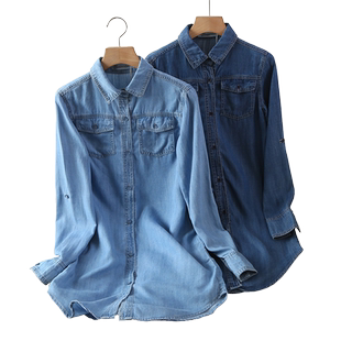 春秋季中长款天丝牛仔衬衫女韩版宽松薄款衬衣外套大码休闲打底衣