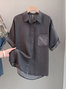 烟灰色短袖薄天丝牛仔衬衫女夏季新款宽松垂感显瘦休闲冰丝女衬衣