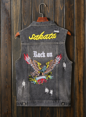 潮流男士新款灰色刺绣破洞休闲牛仔马甲背心修身大码无袖坎肩马夹