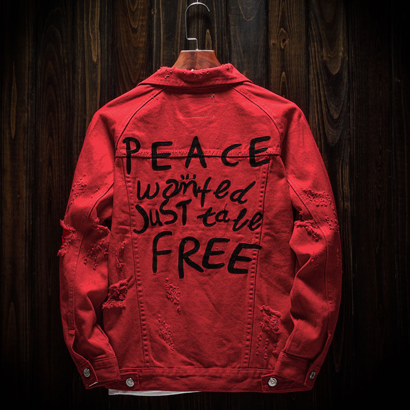 大红色绣花休闲夹克字母绣春秋