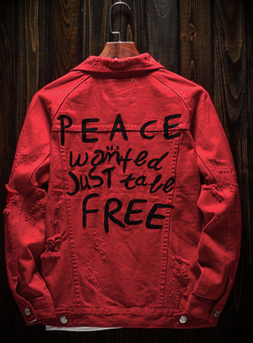 潮牌男士春秋大红色牛仔外套个性情侣装落肩休闲夹克绣花港风上衣