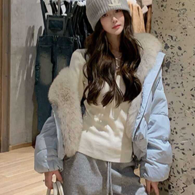 学院拼接短款羽绒棉服女仿狐狸毛领宽松加厚小个子韩版面包服外套