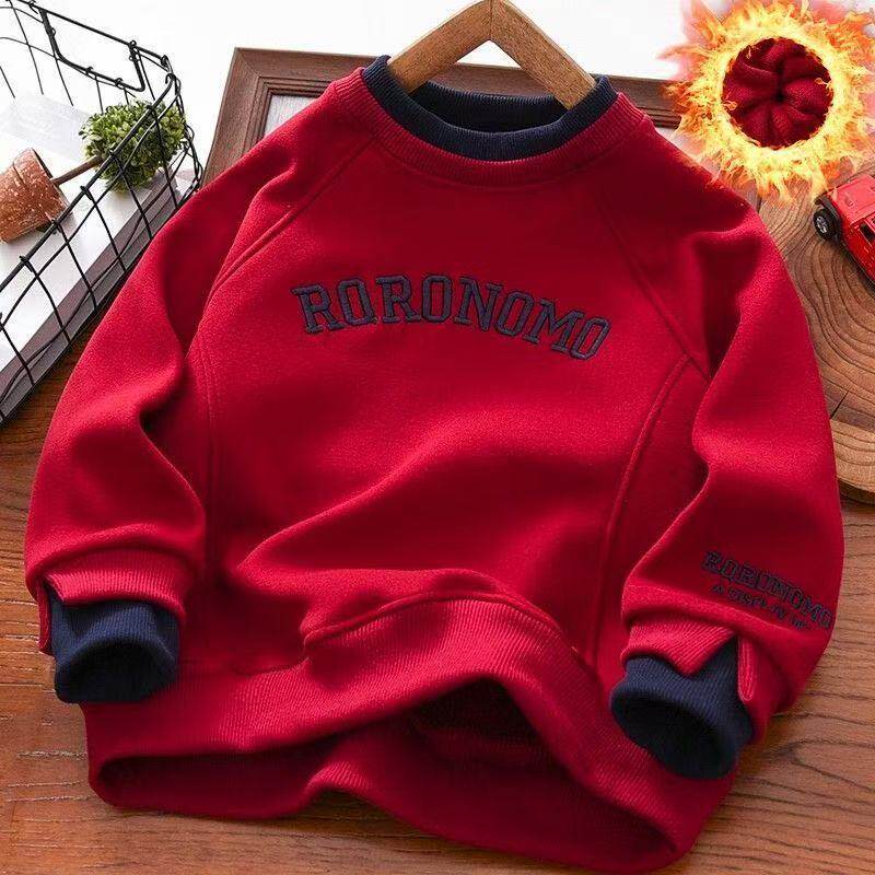 男童加绒红色卫衣冬季2025中大童加厚时尚假两件儿童装字母拜年服