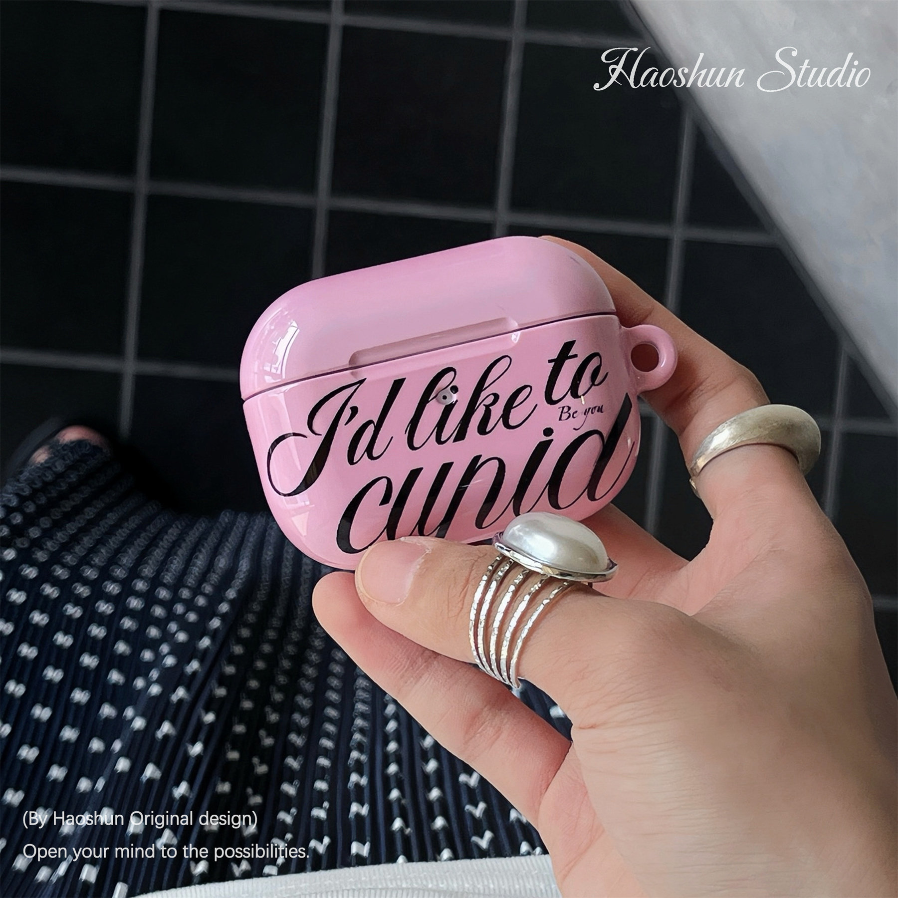 玫粉英文适用于AirPodspro3耳机套光面菲林AirPods代硬壳防摔创意个性airpods4代蓝牙耳机保护套小众airPods2