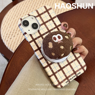 棕蓝格纹适用于iPhone17promax磁吸手机壳苹果14pro/16promax磨砂菲林半包硬苹果12pro/11/13mini支架15plus