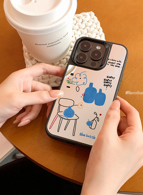 蓝色瓶子适用于iPhone17PROMAX全包电镀15PM镜面硬壳苹果14PLUS/13promax手机壳苹果12防摔创意艺术苹果16pro