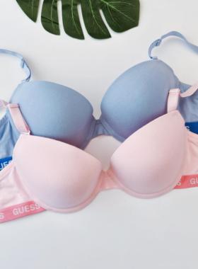韩国原单纯棉全棉粉色蓝色光面青春可爱简约聚拢上托带钢圈文胸