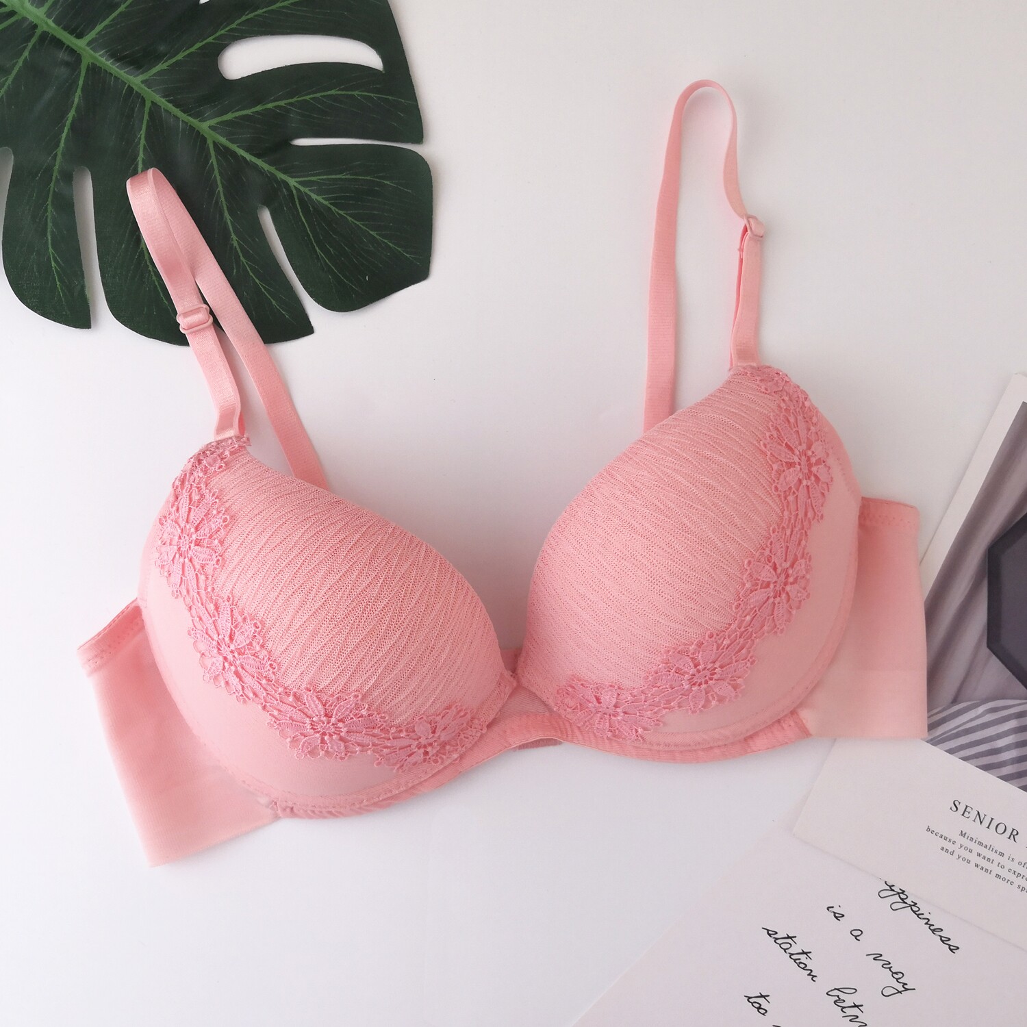 韩国rosebud淡粉色网纱奢华款性感舒适聚拢无钢圈文胸无痕防下垂