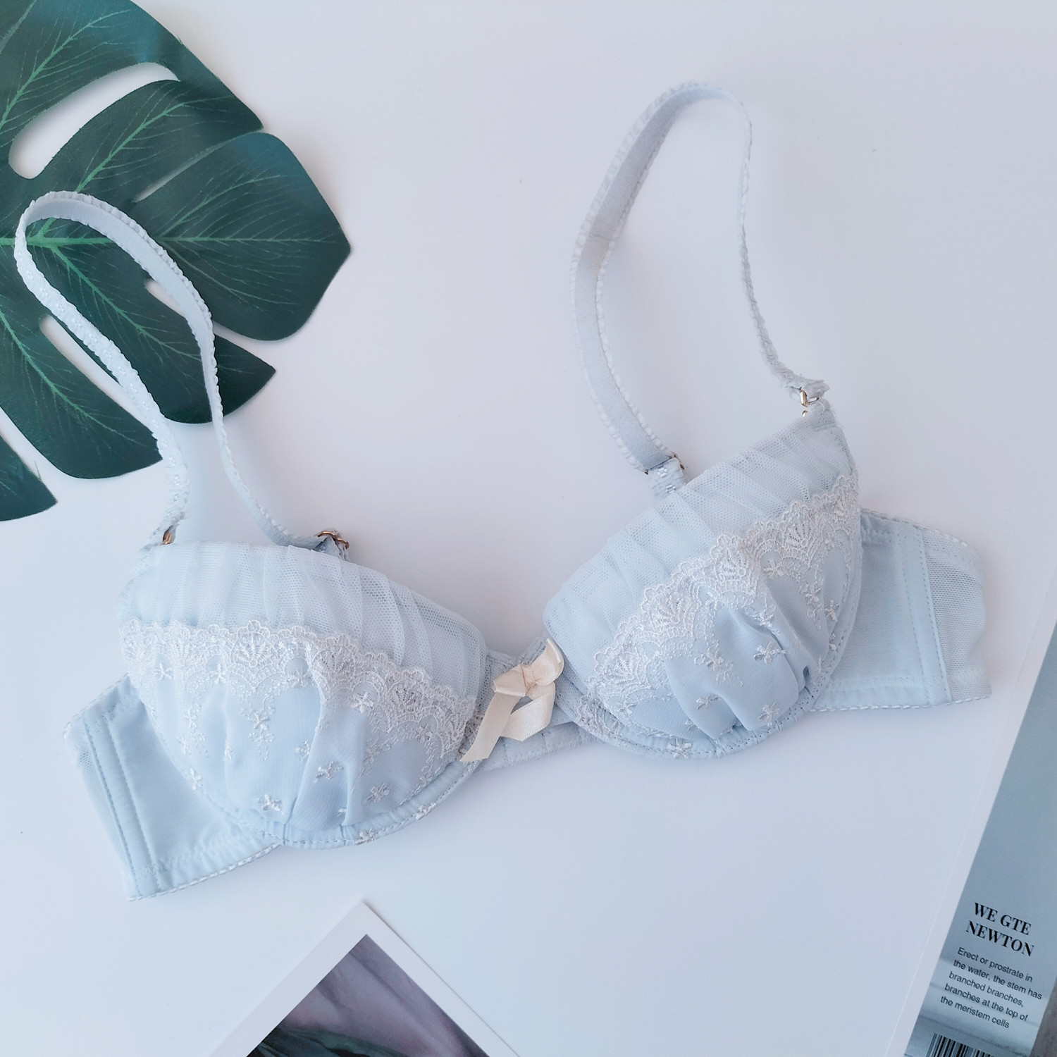 日本原单兔家可爱蕾丝刺绣田园风聚拢上托薄款浅蓝色甜美日系文胸