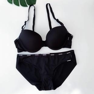 款 女软支撑内衣经典 时尚 韩单简约性感黑色带钢托聚拢上托文胸套装