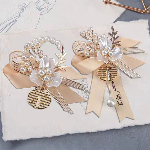 香槟色伴娘手腕花姐妹团手花档韩式森系婚礼结婚手环珍珠手链