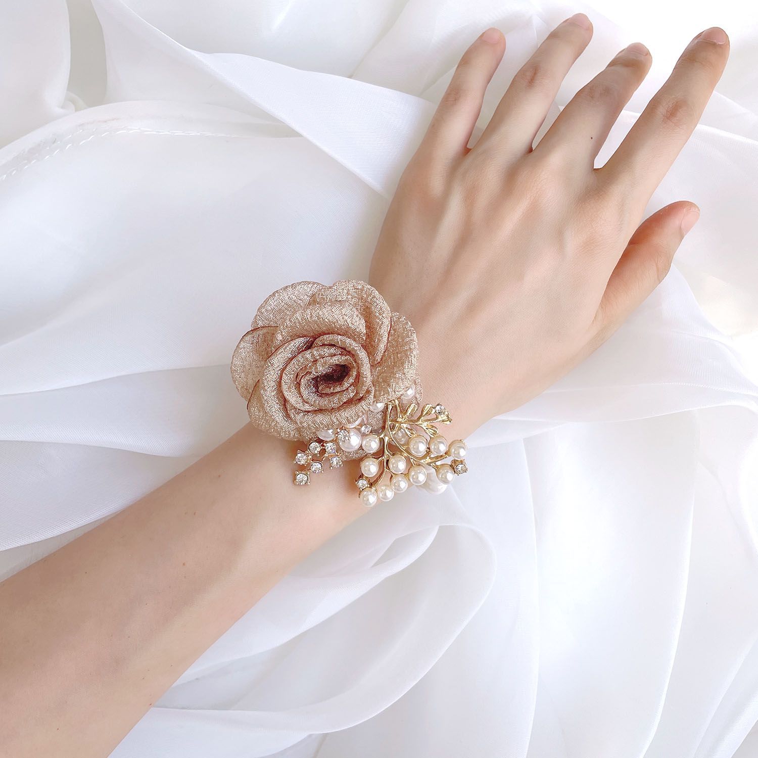 伴娘手腕花超仙韩式香槟金色姐妹新娘结婚拍照伴手礼手花珍珠手链