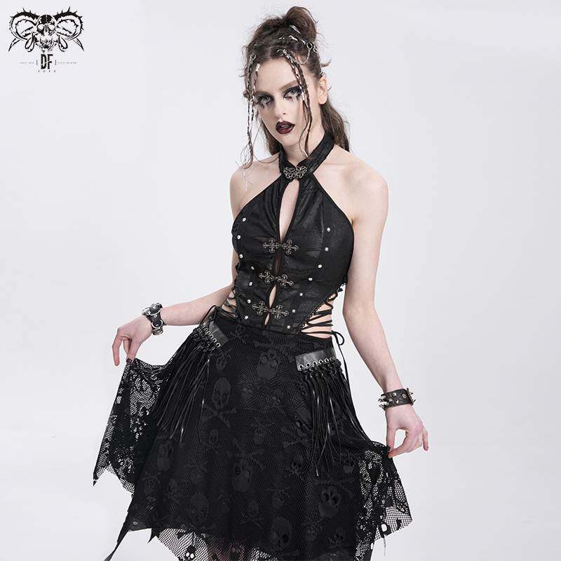 Devil Fashion恶魔时尚女装哥特朋克骷髅网布连衣裙SKT231