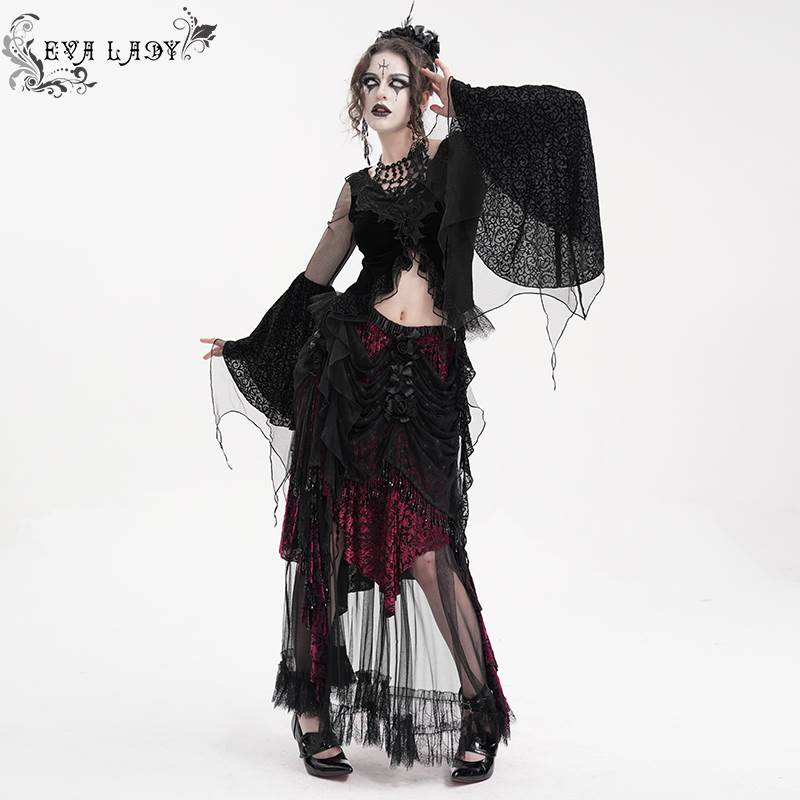 Devil Fashion恶魔时尚女装哥特烧花丝绒拼菱形花网料半裙ESKT051
