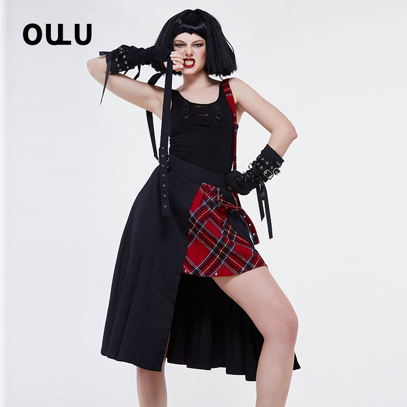 欧卢2020欧美时尚街头朋克摇滚嬉皮女孩红黑格子不规则拼接半身裙