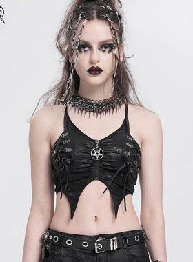 Devil Fashion恶魔时尚女装过胶花纹皮料吊带无袖T恤TT286