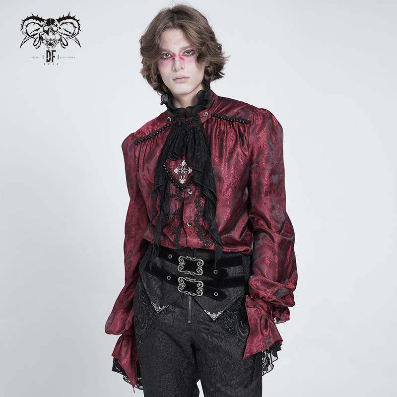 Devil Fashion恶魔时尚哥特暗黑男装蕾丝立领提花衬衫上衣SHT140