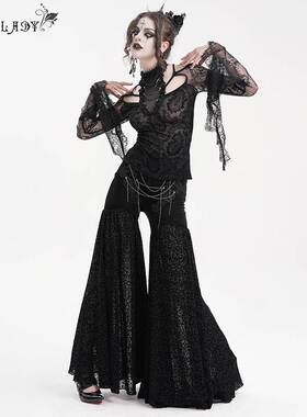 Devil Fashion恶魔时尚女装哥特丝绒料拼烧花网料大喇叭裤 EPT017