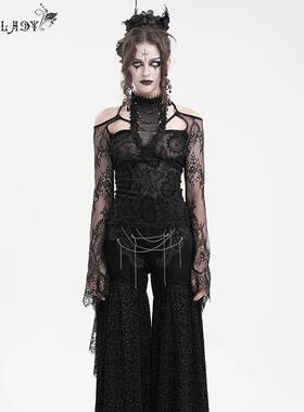 Devil Fashion恶魔时尚女装哥特 植绒针织露肩挂脖长袖短T ETT037