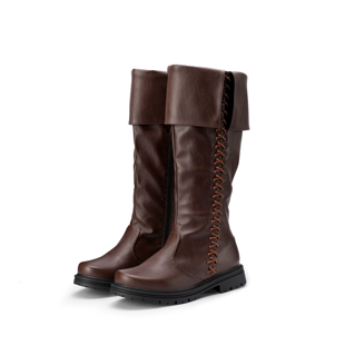 复古翻边交叉系带骑士靴秋冬新款欧美风圆头粗跟长筒女靴