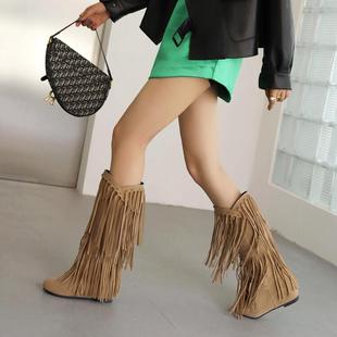 独立站外贸40-43女靴欧美流苏时装靴性感长筒靴女士高筒靴子