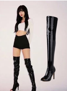 露趾鱼嘴JAZZ漆皮过膝长筒靴女定制大码 Lisa同款 长靴爵士舞高跟鞋