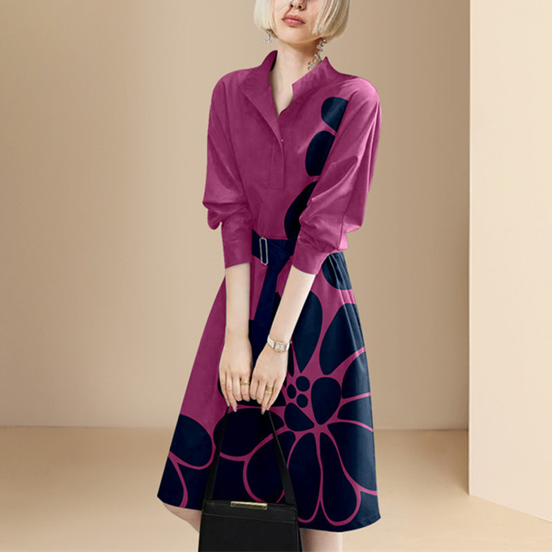 优雅气质衬衫裙聚酯纤维大花印花