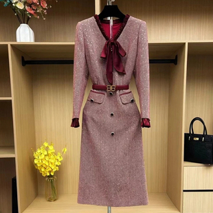 长袖小香风连衣裙女2025年秋冬新款粗花呢名媛高端中长款包臀裙子