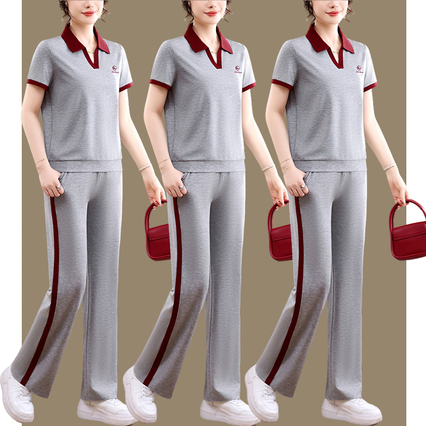 年轻妈妈夏装两件套中老年女装POLO领短袖T恤上衣运动休闲套装薄