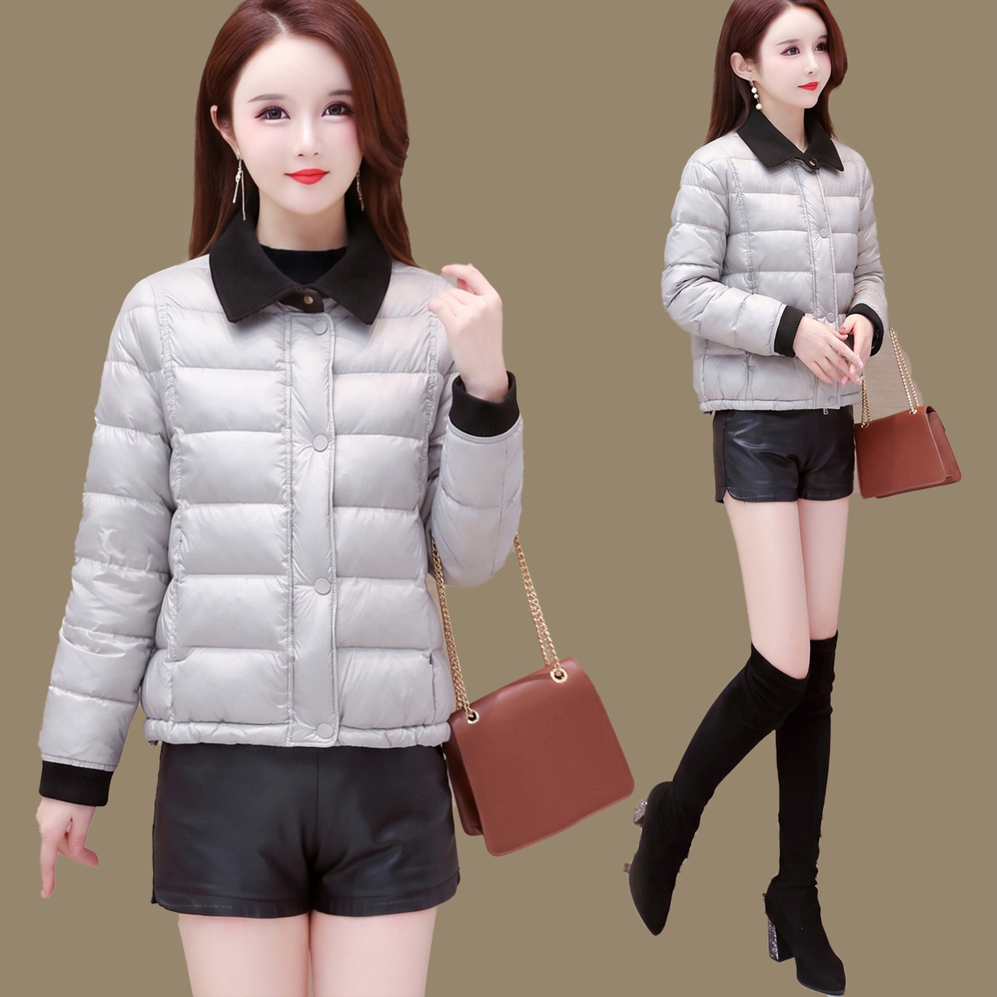 时尚翻领短款棉衣女轻薄棉服外套