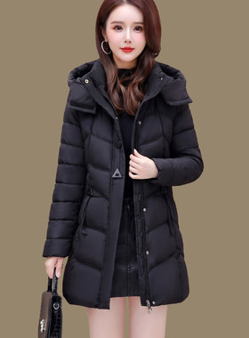 黑色中长款棉衣女加厚保暖棉服冬