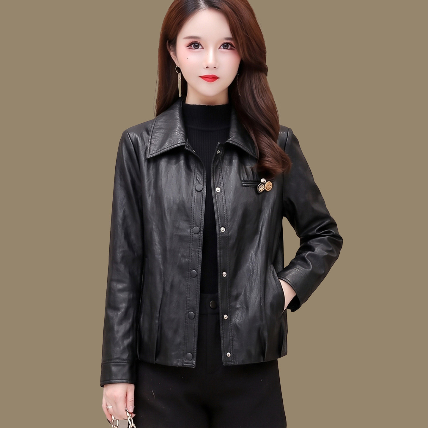 时尚短款皮衣外套女秋季翻领夹克