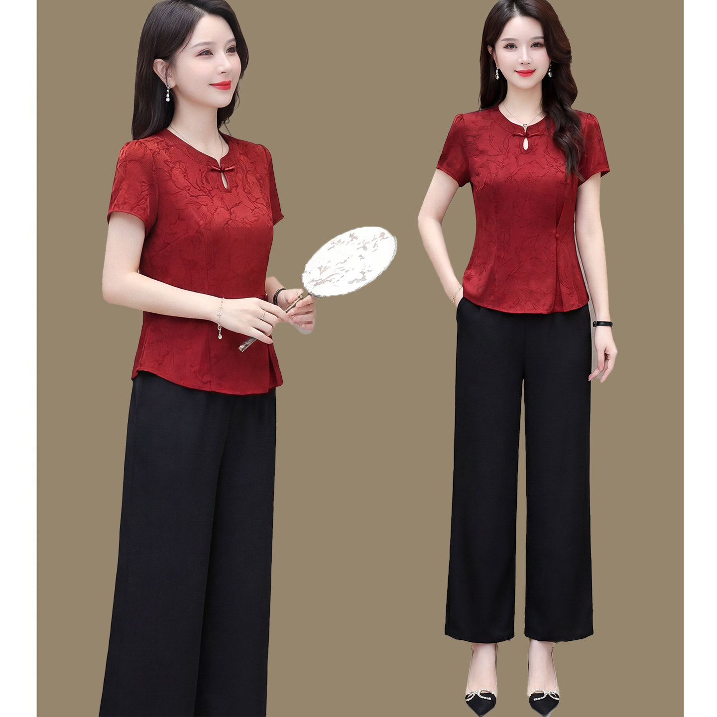 国风妈妈夏装套装2026新款中年女装优雅减龄新中式短袖上衣两件套