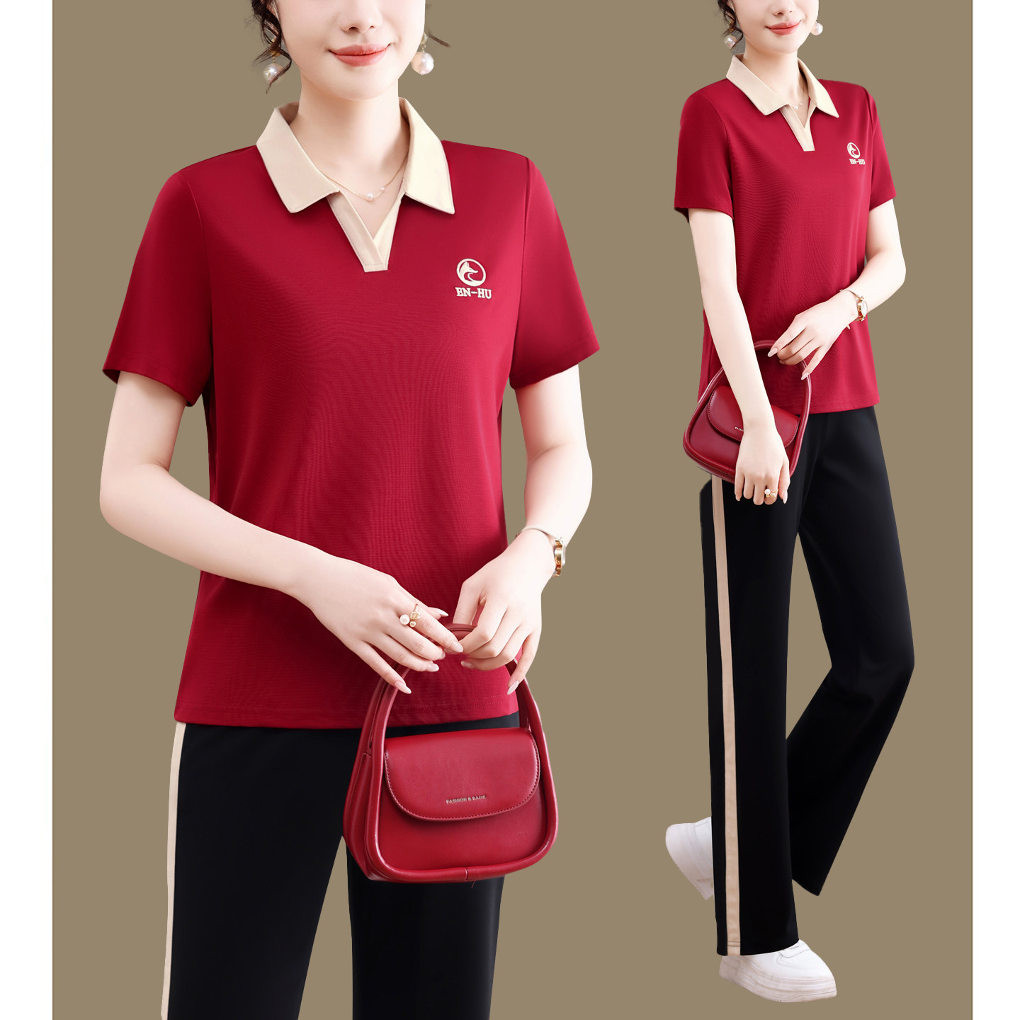 中年妇女天丝薄款运动服套装26年夏季母亲衣服翻领短袖T恤两件套