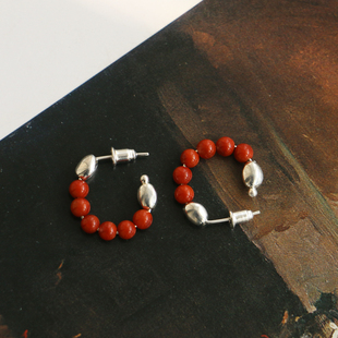 S925纯银天然6A级柿子红川料南红本命年耳环复古圆圈别致气质耳钉