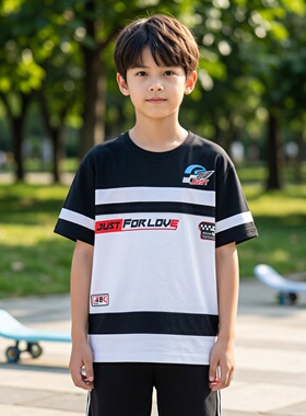商场同款Abckids美式嘻哈风复古撞色条纹短袖T恤男童圆领宽松球衣