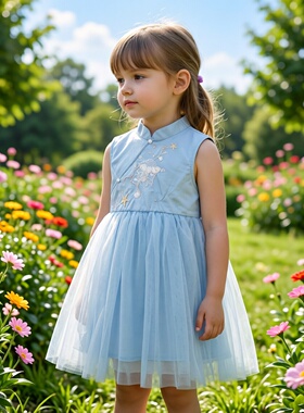 Abckids女童甜美淑女风无袖绣花连衣裙蓝色网纱蓬蓬裙F221616154