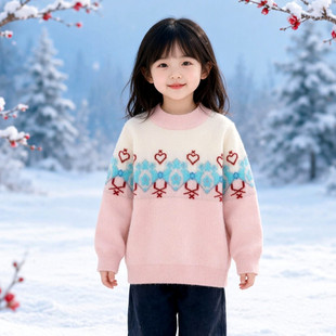 Abckids费尔岛风针织毛衣女童冬季圆领雪花图案慵懒风F151204350