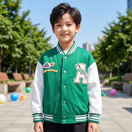 Abckids春秋款男女同款绿色棒球服刺绣徽章复古运动风夹克外套