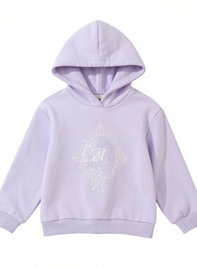 商场同款Abckids女童秋冬紫色加绒连帽卫衣刺绣休闲上衣美式风